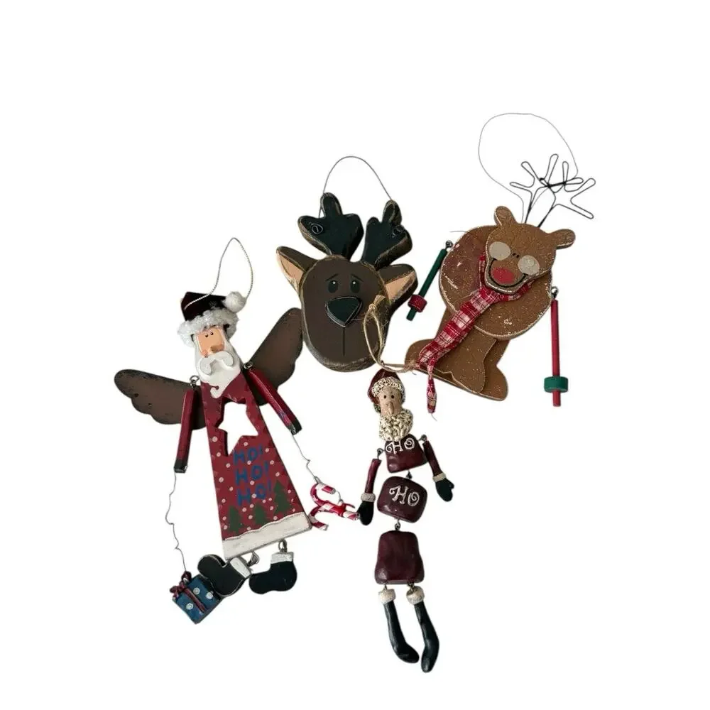 4 Country Rustic Christmas Tree Ornaments Reindeer Santas‎ Wood Metal Distressed